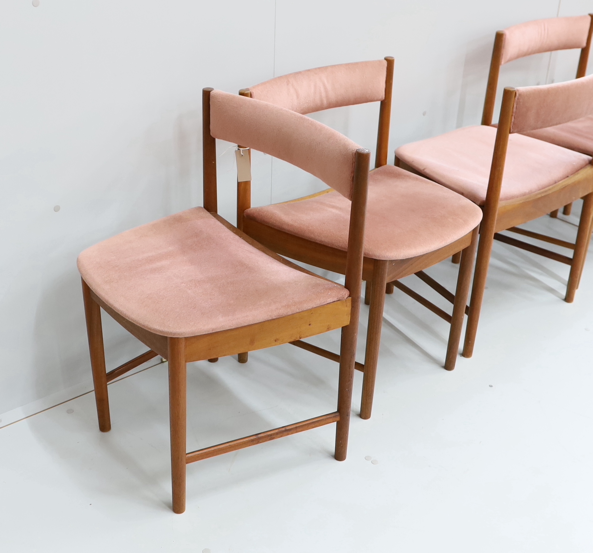 A set of six mid century teak dining chairs, width 49cm, depth 41cm, height 71cm